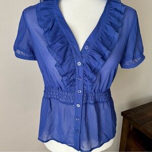 The Limited Blue Ruffle Front Sheer Blouse Smocked Waist Top XS